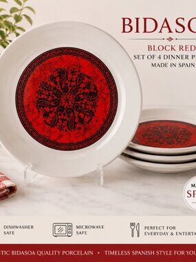 Bidasoa Espana Flamenco Set 4 Dinner Plates White Red Porcelain Made in Spain